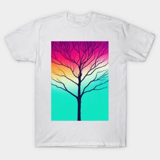 Vibrant Colored Whimsical Minimalist Lonely Tree at Dawn - Abstract Minimalist Bright Colorful Nature Poster Art of a Leafless Branches T-Shirt